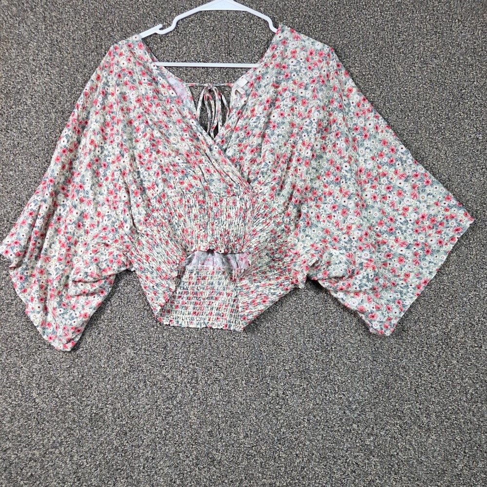 Easel Floral Kimono Top Women Large Pink Smocked Waist‎ Tassel Tie Back Boho
